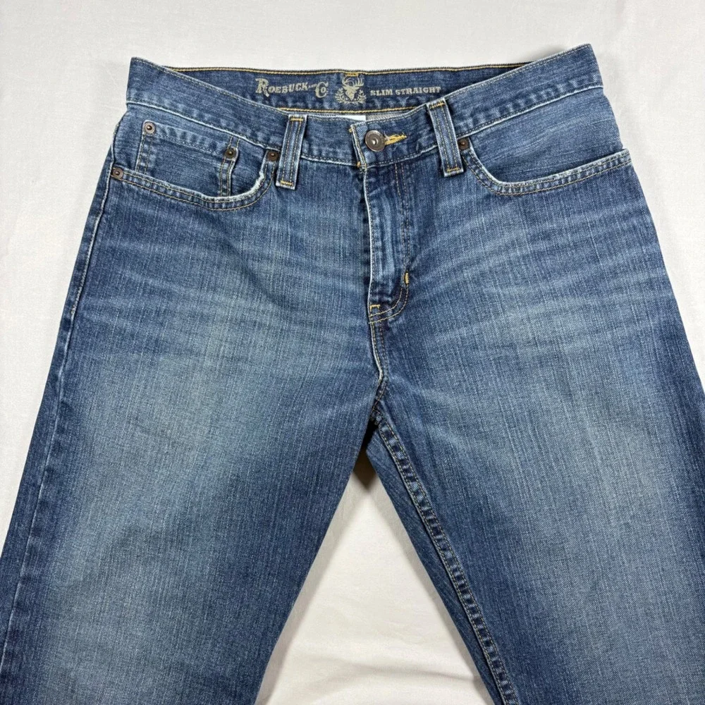 Roebuck & Co Mens Slim Straight Leg Blue Denim Jeans 32x30 PF-8185A Medium Wash